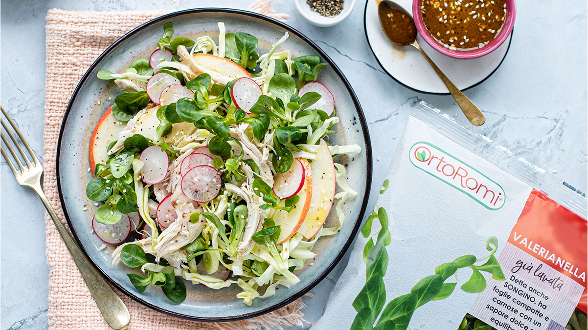 Insalata di pollo con valerianella, cavolo cappuccio e mela