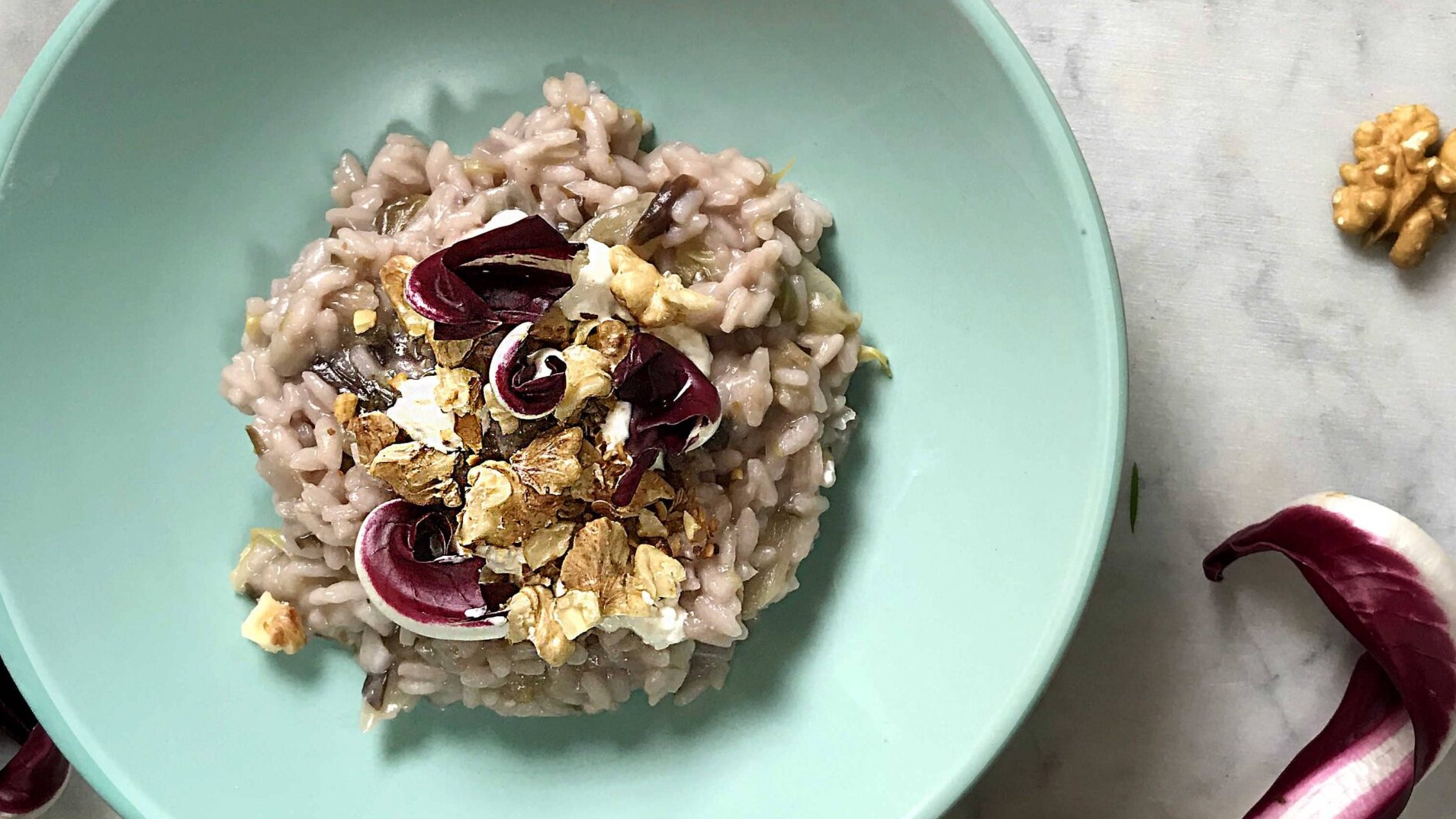 Risotto with radicchio, robiola cheese and walnuts